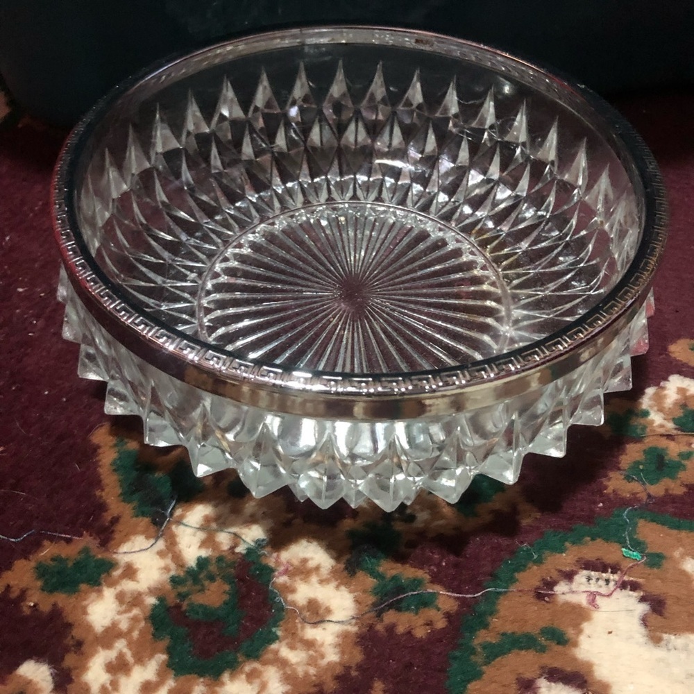 Elegant vintage 1970s  Glass cut Bowl with silver rim. Salad, fruit salad, jello